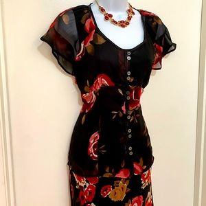 Midnight Velvet- 3 piece sheer black floral skirt, matching tank and blouse. M